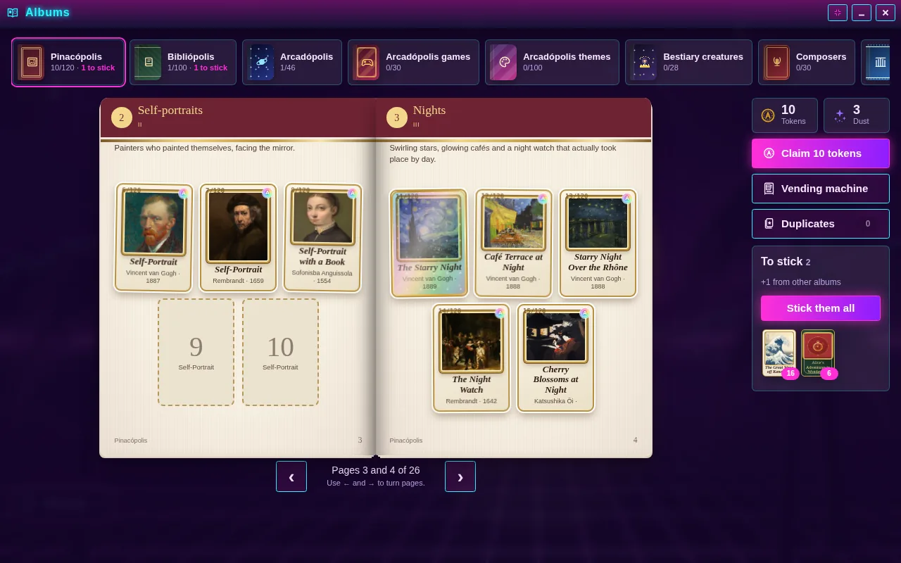 Sticker albums open on the Arcadópolis desktop