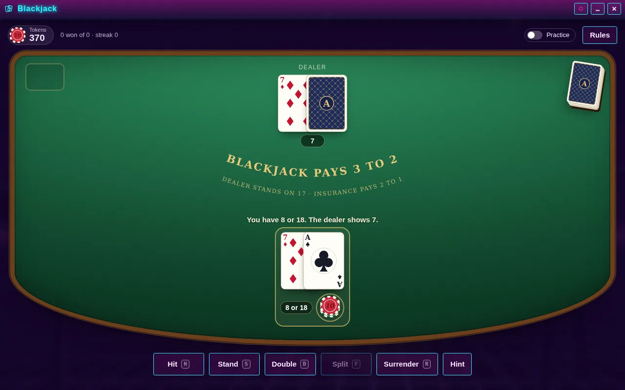Blackjack open on the Arcadópolis desktop