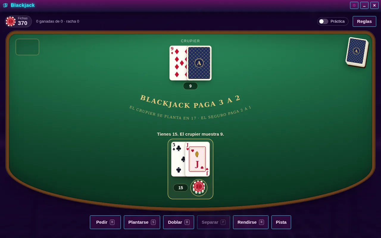 Blackjack abierta en el escritorio de Arcadópolis