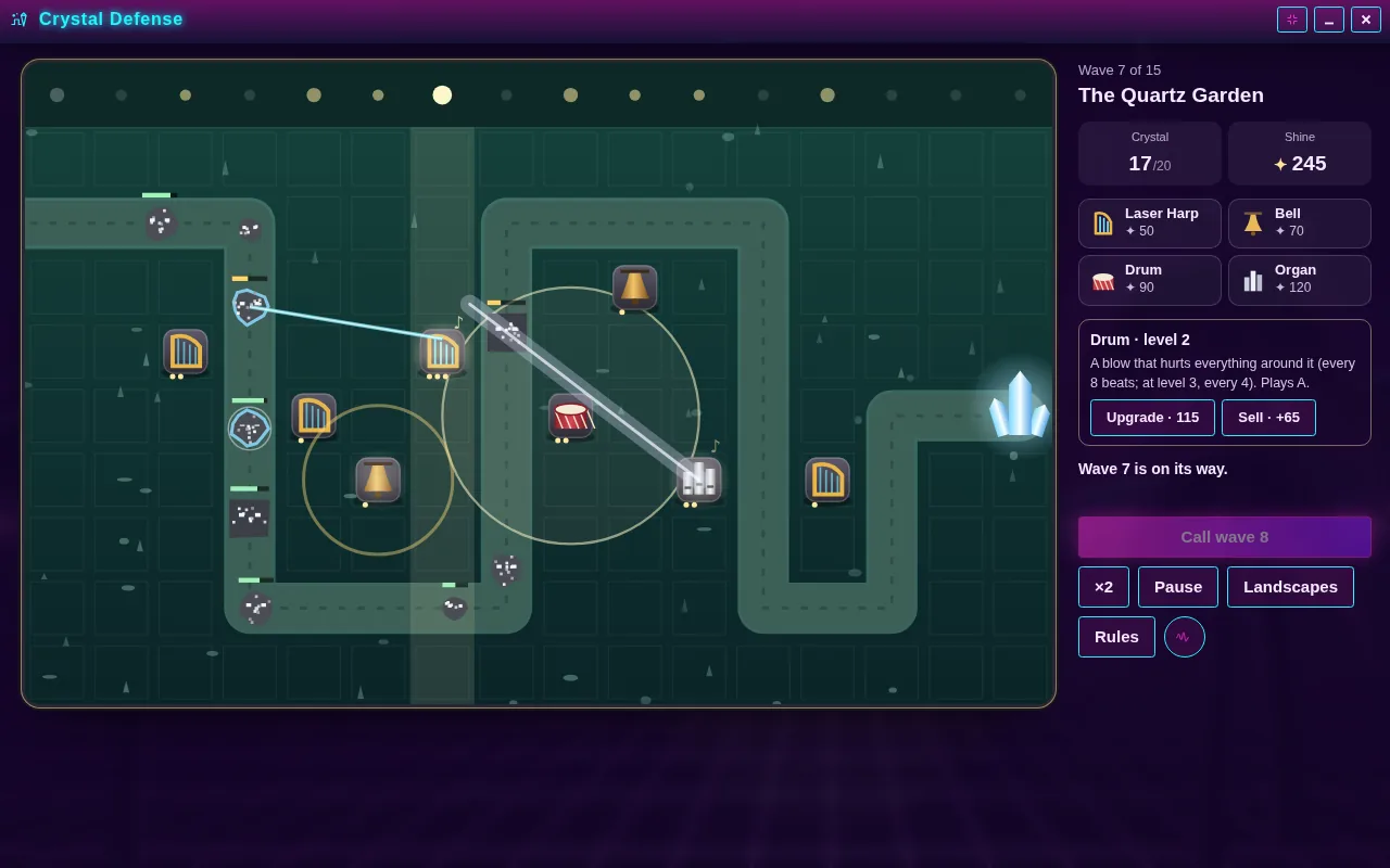 Crystal Defense open on the Arcadópolis desktop