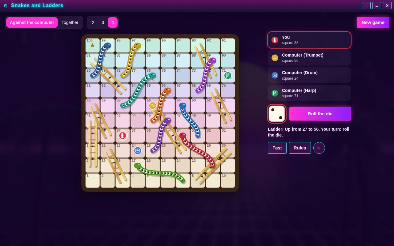 Snakes and Ladders open on the Arcadópolis desktop