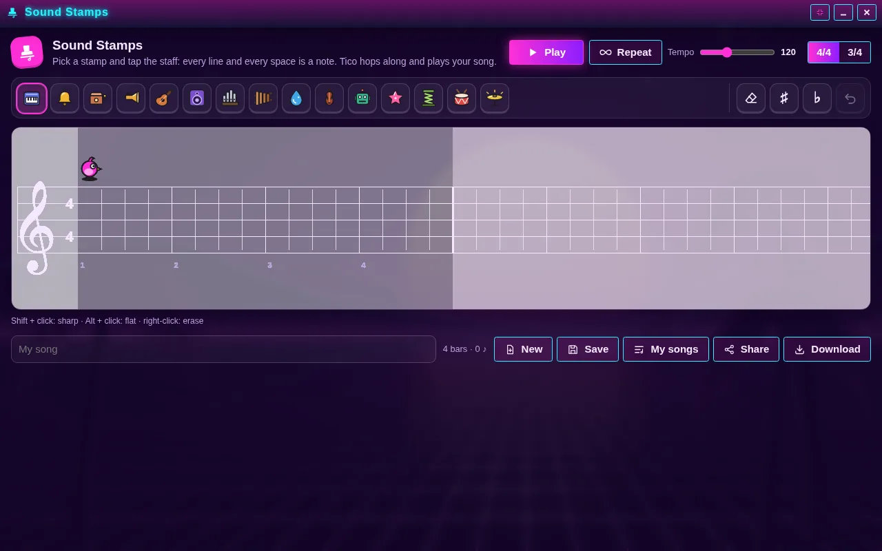 Sound Stamps open on the Arcadópolis desktop