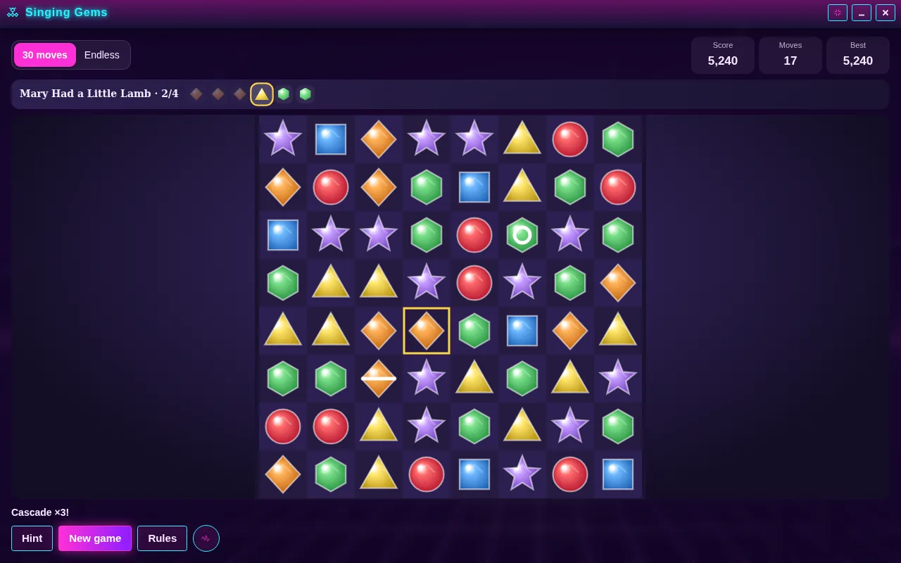 Singing Gems open on the Arcadópolis desktop