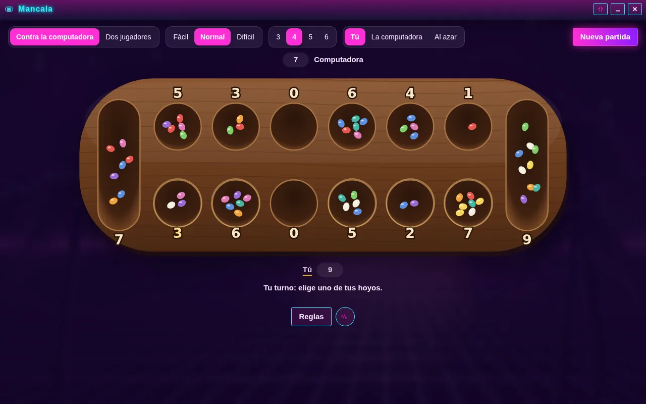 Mancala abierta en el escritorio de Arcadópolis
