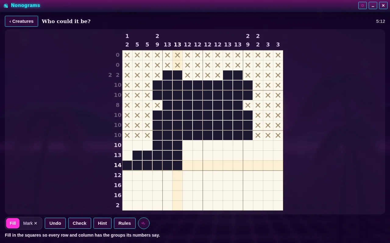 Nonograms open on the Arcadópolis desktop