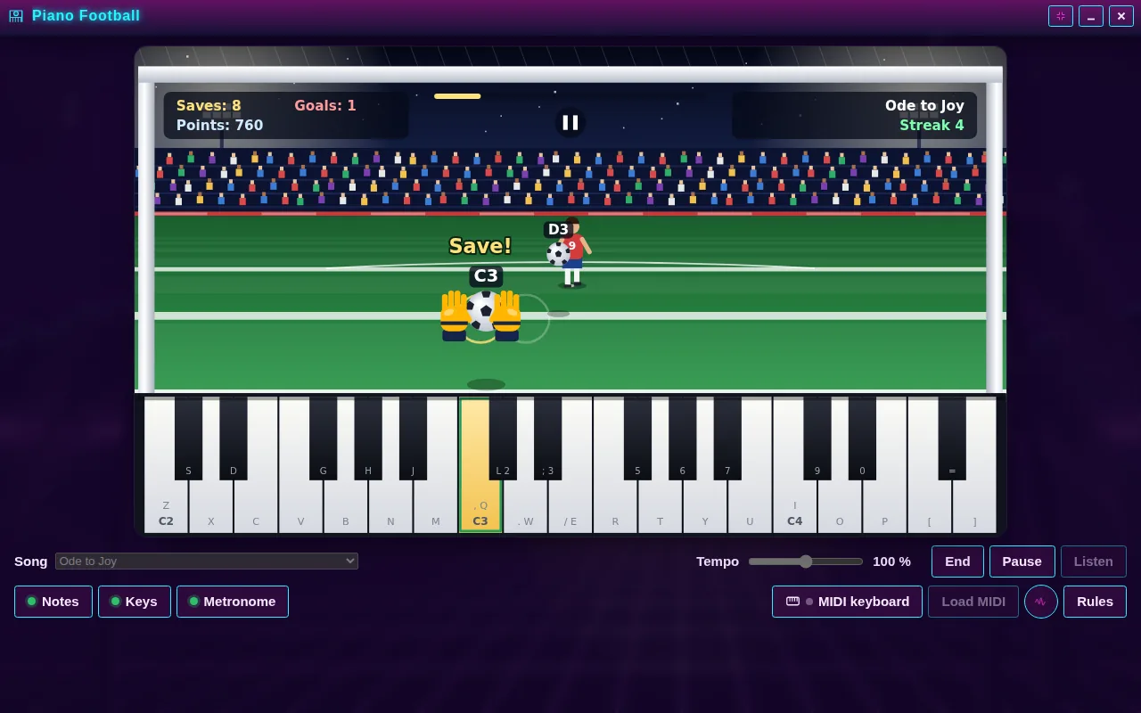 Piano Football open on the Arcadópolis desktop