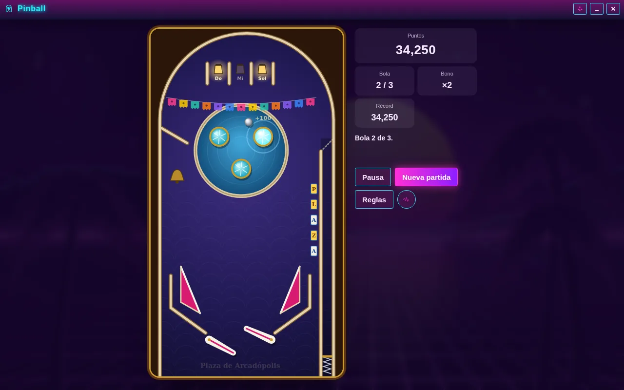 Pinball abierta en el escritorio de Arcadópolis