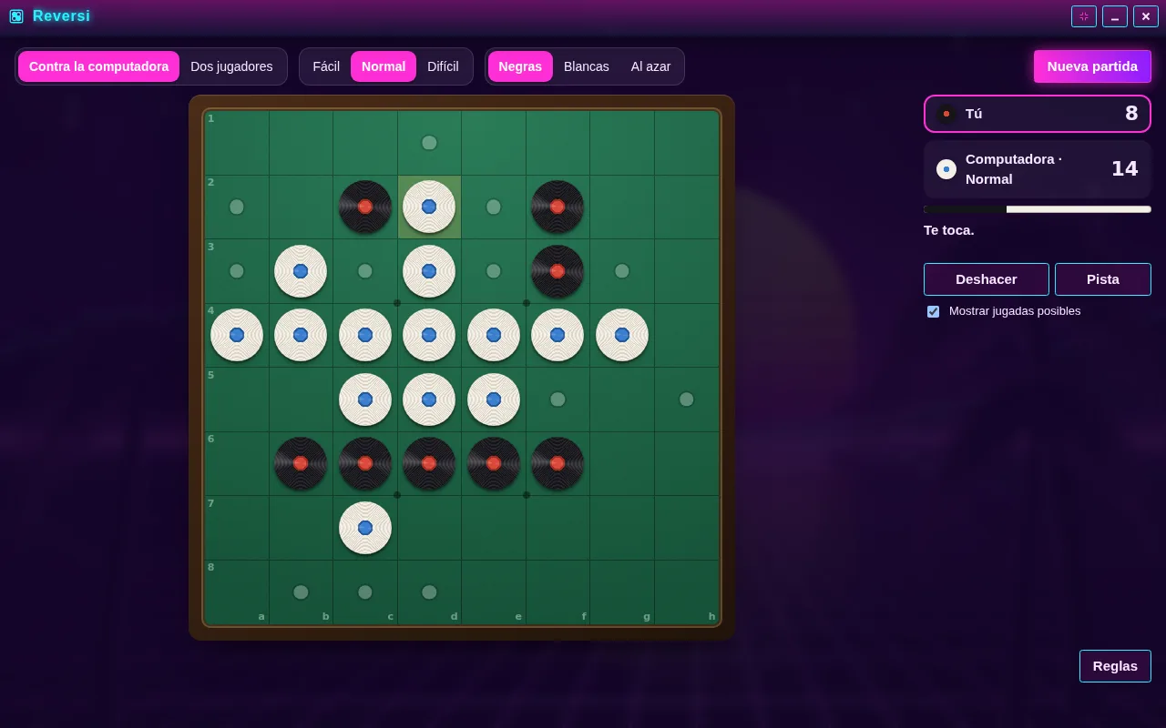 Reversi abierta en el escritorio de Arcadópolis