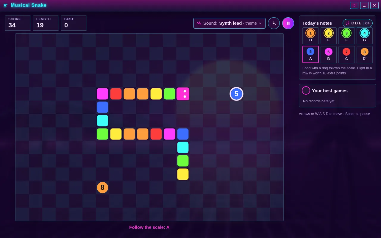 Musical Snake open on the Arcadópolis desktop