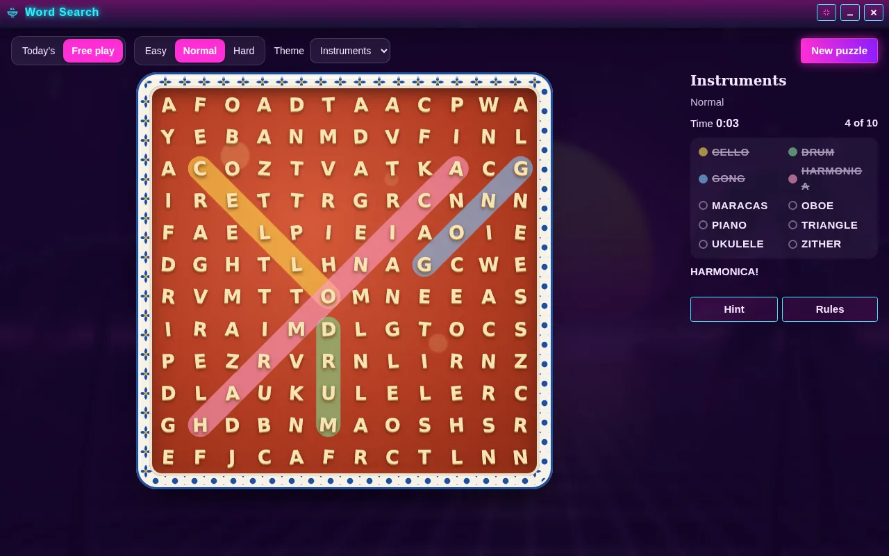 Word Search open on the Arcadópolis desktop