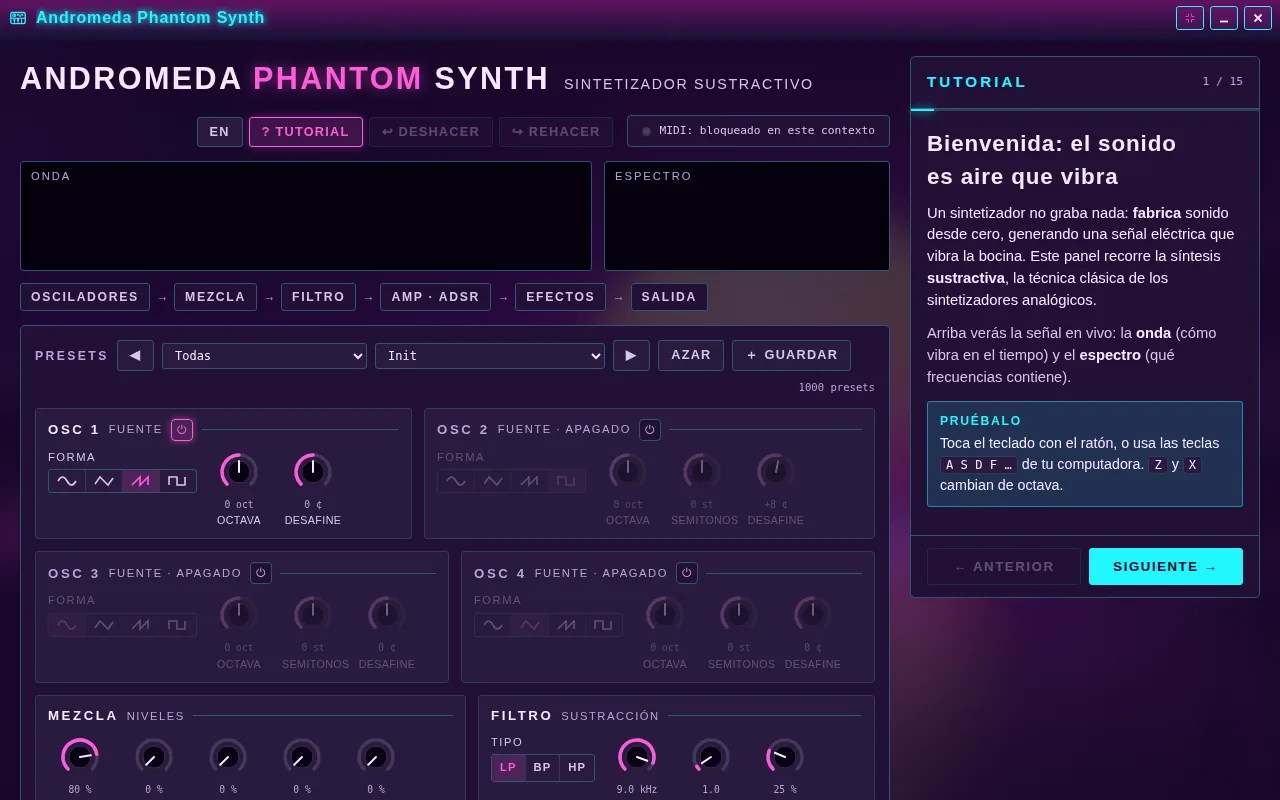 Andromeda Phantom DAW abierta en el escritorio de Arcadópolis