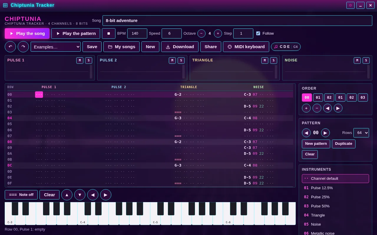 Chiptunia Tracker open on the Arcadópolis desktop