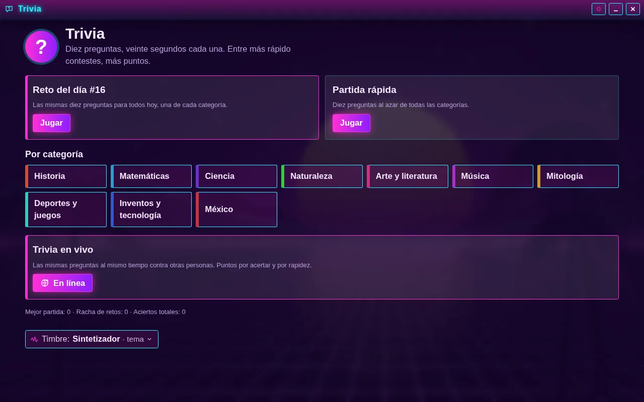 Trivia abierta en el escritorio de Arcadópolis