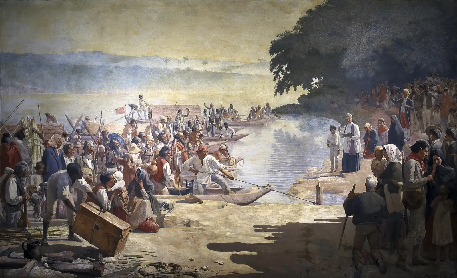 Multitud en la orilla de un río que carga canoas y despide a los viajeros, con un sacerdote a la derecha