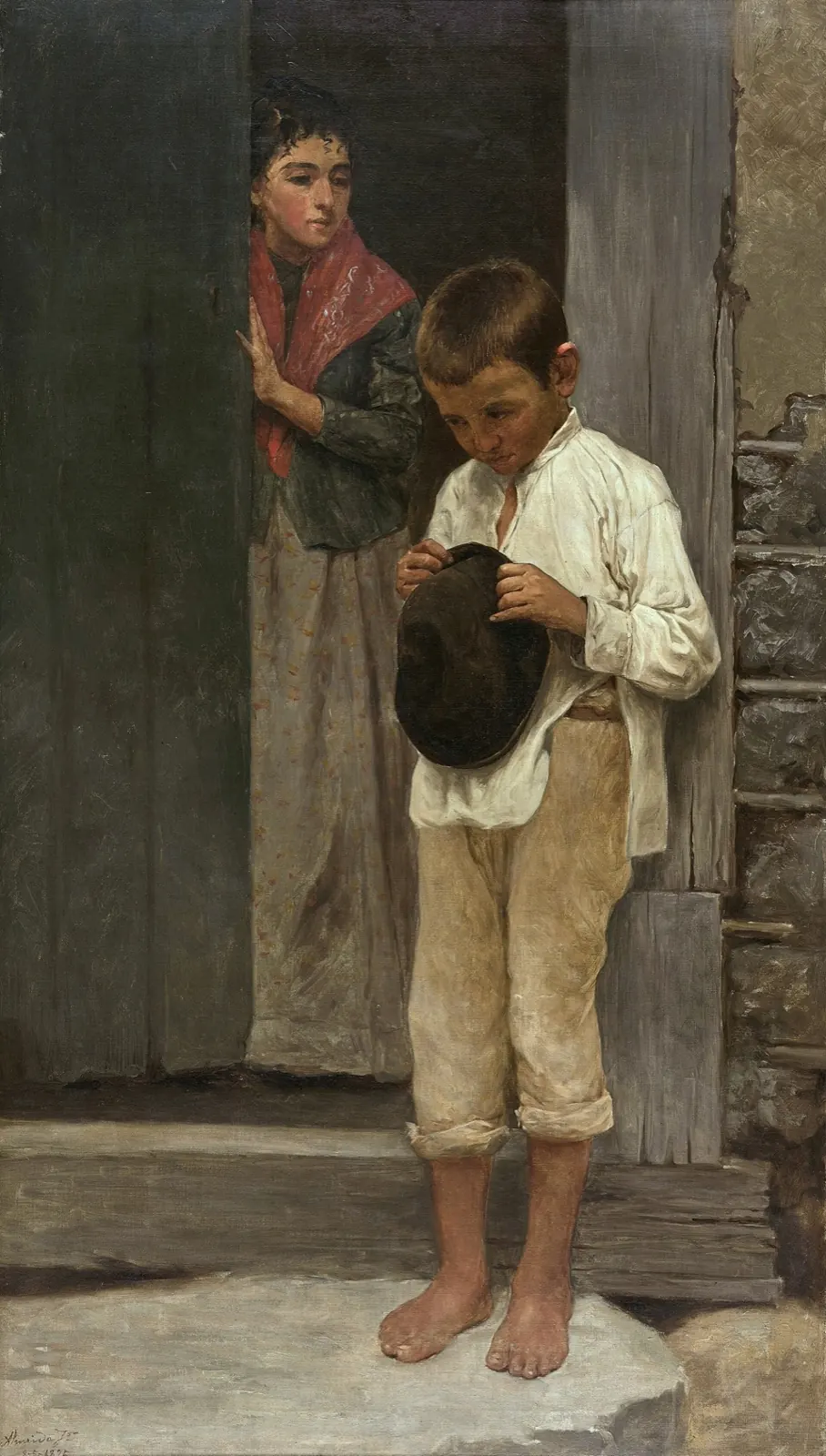 Barefoot boy in a white shirt, head bowed, holding a hat in front of a woman standing in a doorway