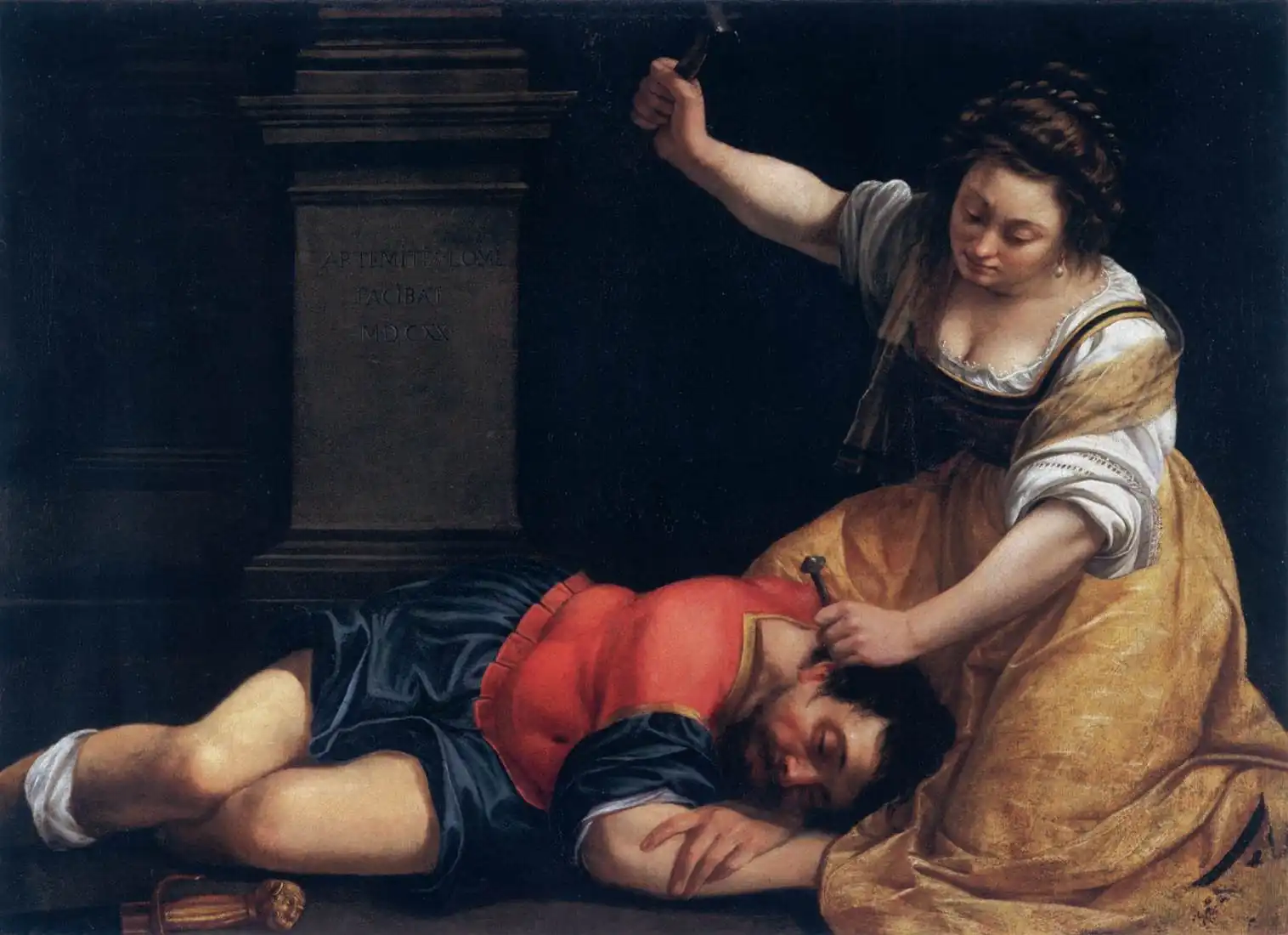 Woman in a golden dress raises a mallet beside a man asleep on the ground, before a stone pedestal