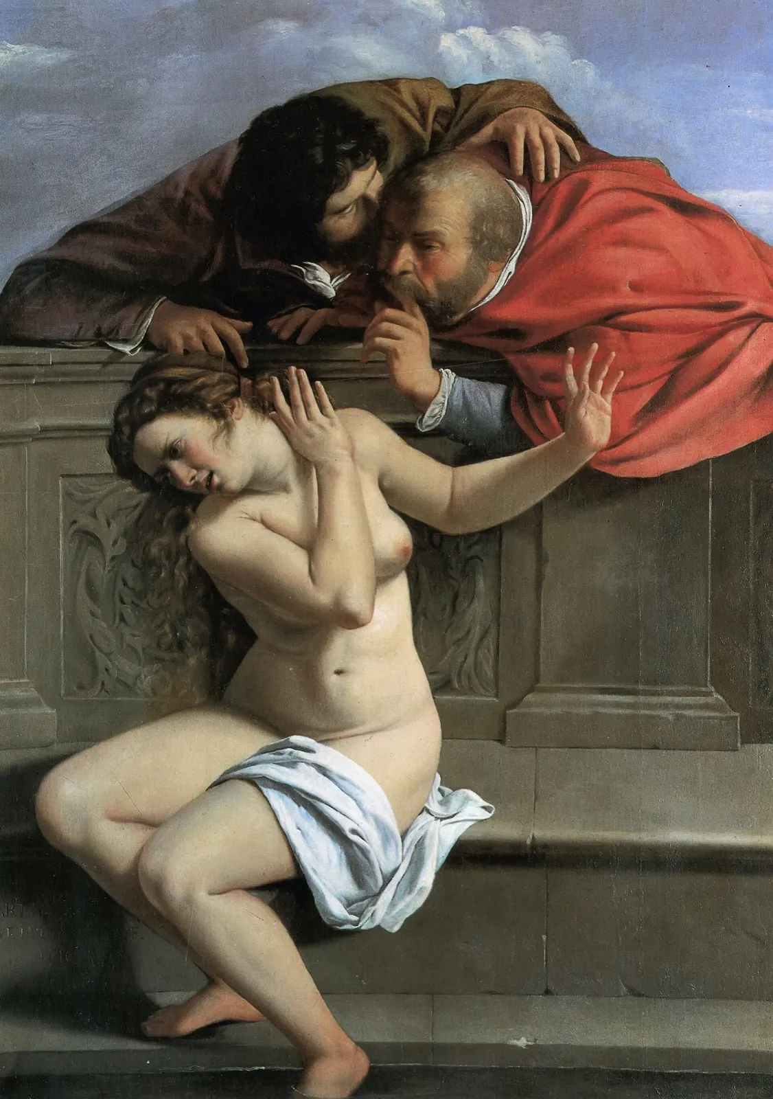 Nude woman seated on a stone bench turns away, raising her hands, as two men lean over the wall above her