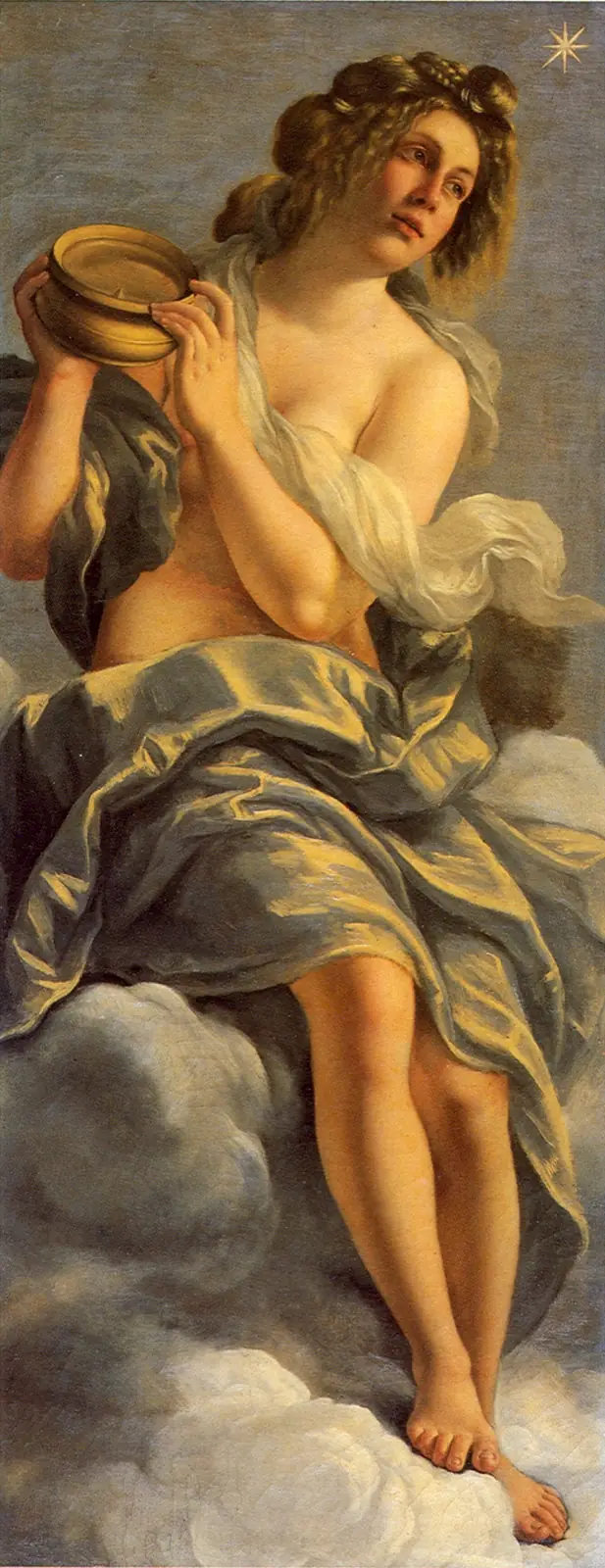 Mujer joven sentada sobre nubes, con velos y un manto, sostiene un objeto redondo dorado; arriba brilla una estrella