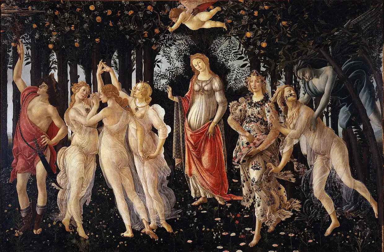Dark orange grove with nine figures on a flowery meadow; at the center, a woman in white with a red cloak