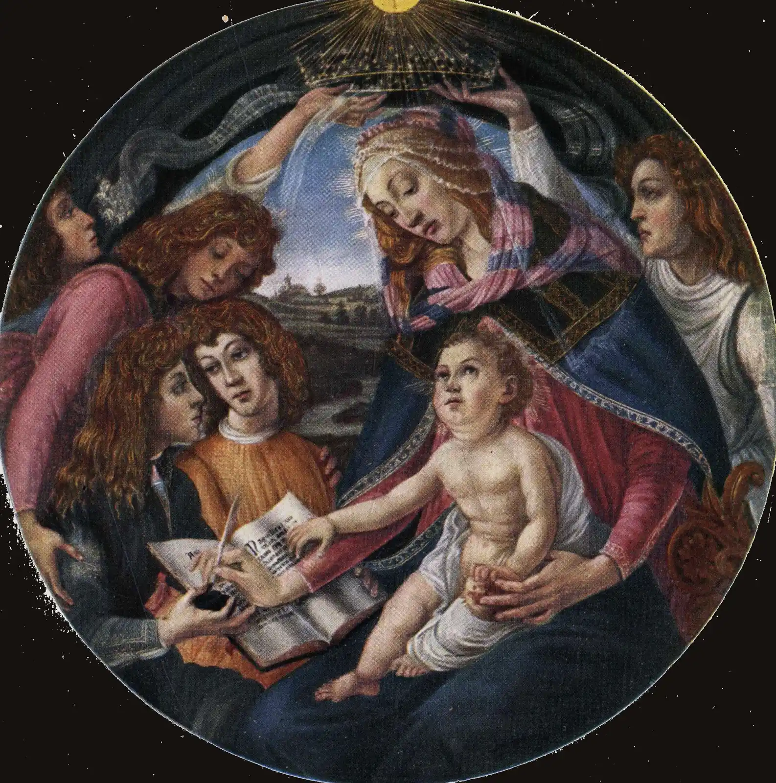 La Virgen escribe en un libro con el Niño en el regazo, rodeada de cinco ángeles y bajo una corona dorada