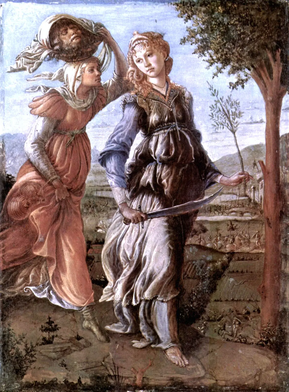 Two women walking through the country, one with a sword and olive branch, the other carrying a severed head in a cloth