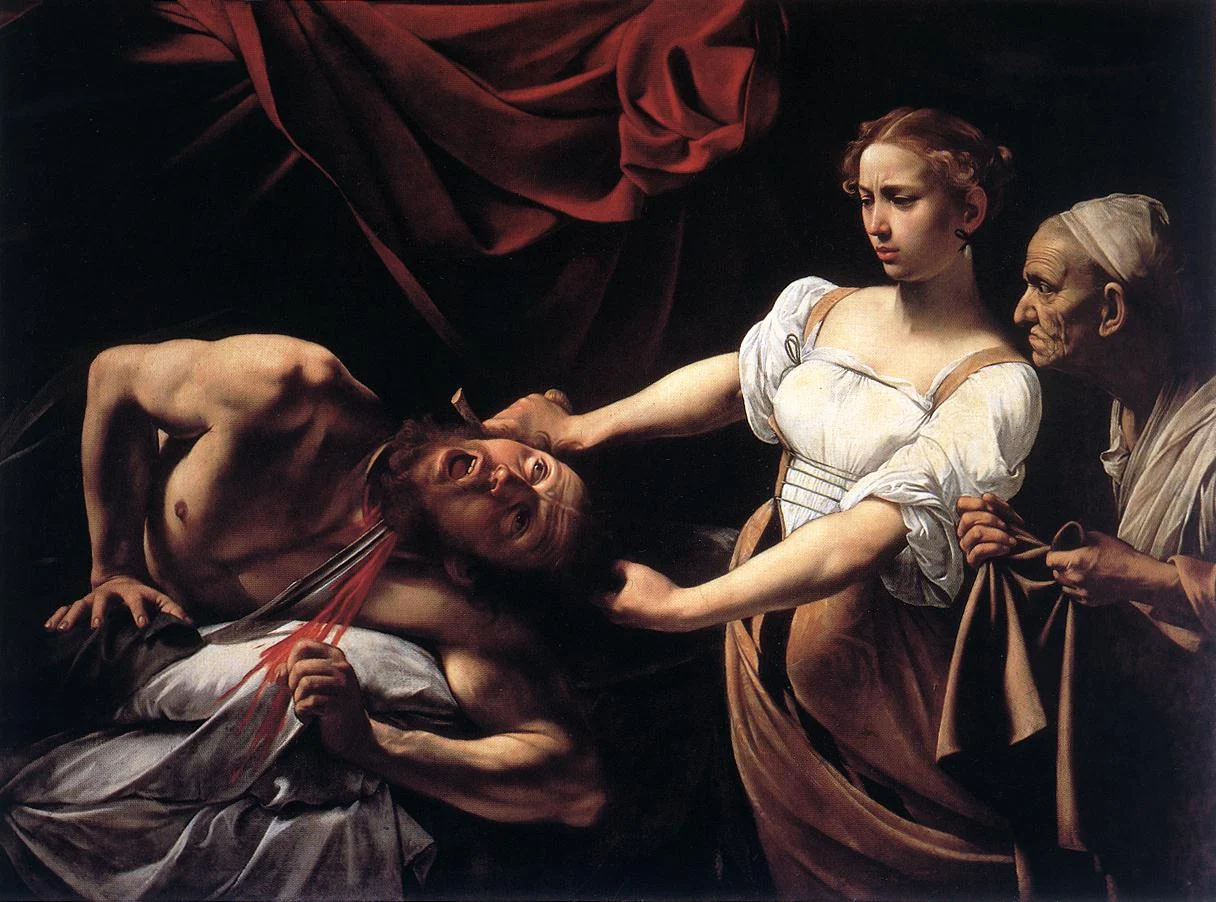 Young woman in a white blouse wields a sword over a man lying on a bed; beside her, an old woman holds a cloth