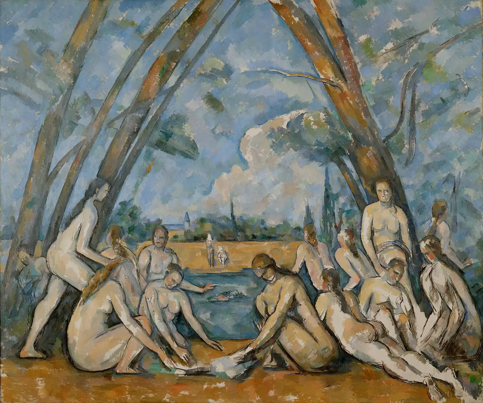 Groups of nude women bathers on a riverbank, beneath tall leaning trees and a blue sky with clouds