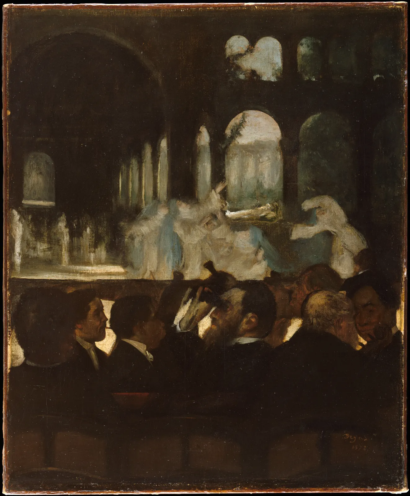 Row of men in black suits in a dim theater, facing a lit stage with arches and pale white figures