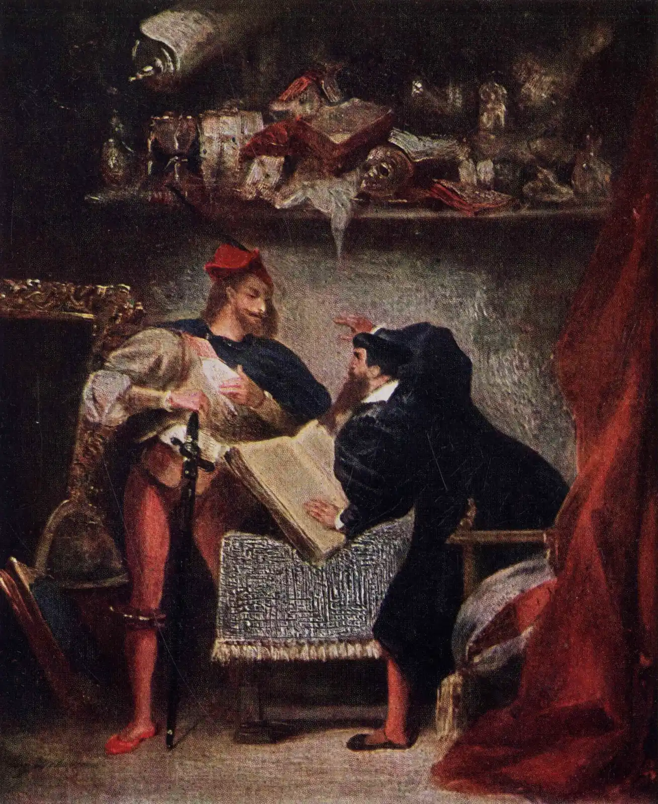 Man in red with a sword beside another in black leaning over an open book in a dim, cluttered study