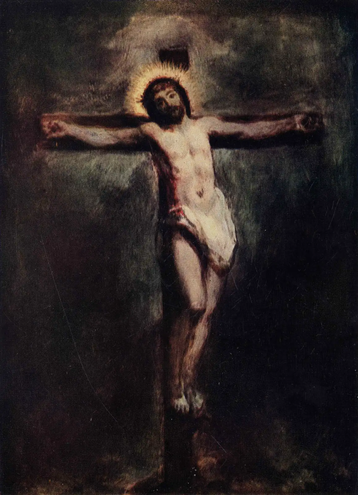 Crucified Christ with a golden halo and white loincloth against a dark background of greens and browns