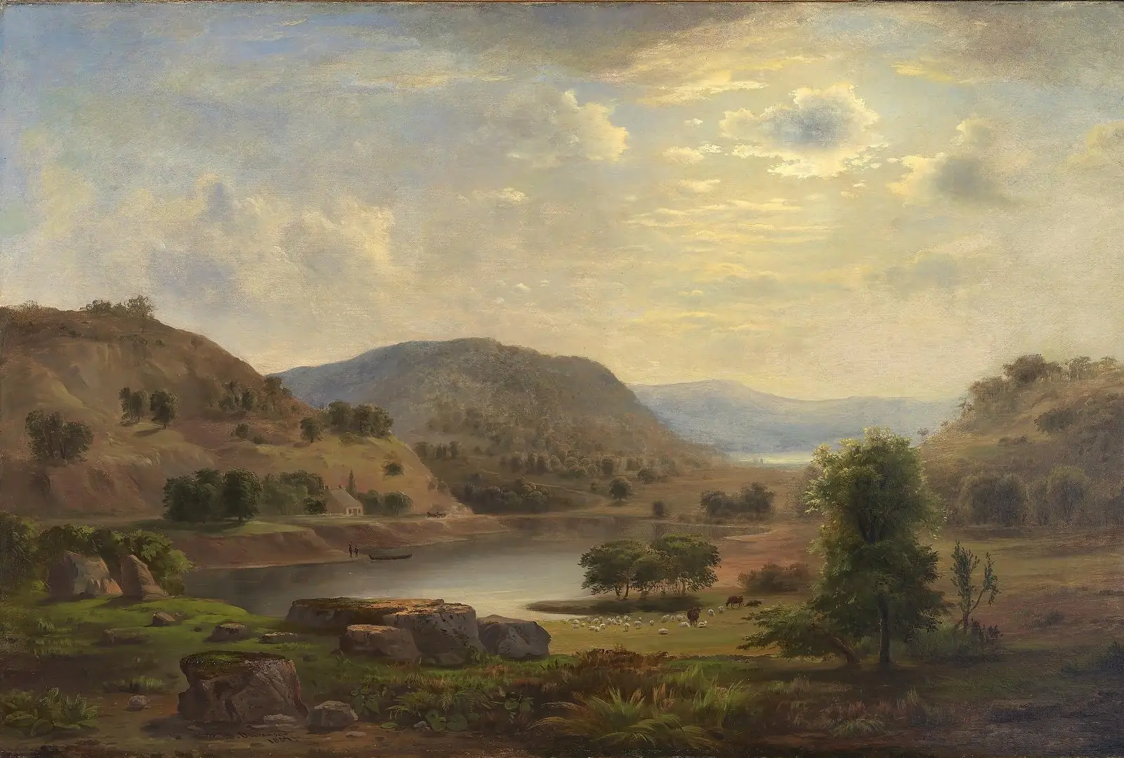 Valley between hills with a calm river, a house among trees, grazing sheep and a wide sky of glowing clouds