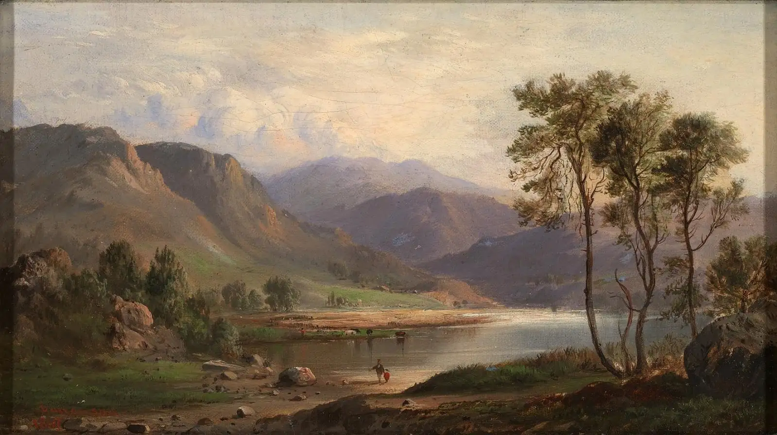Lake among mountains, with slender trees on the right and a tiny figure carrying something red on the shore
