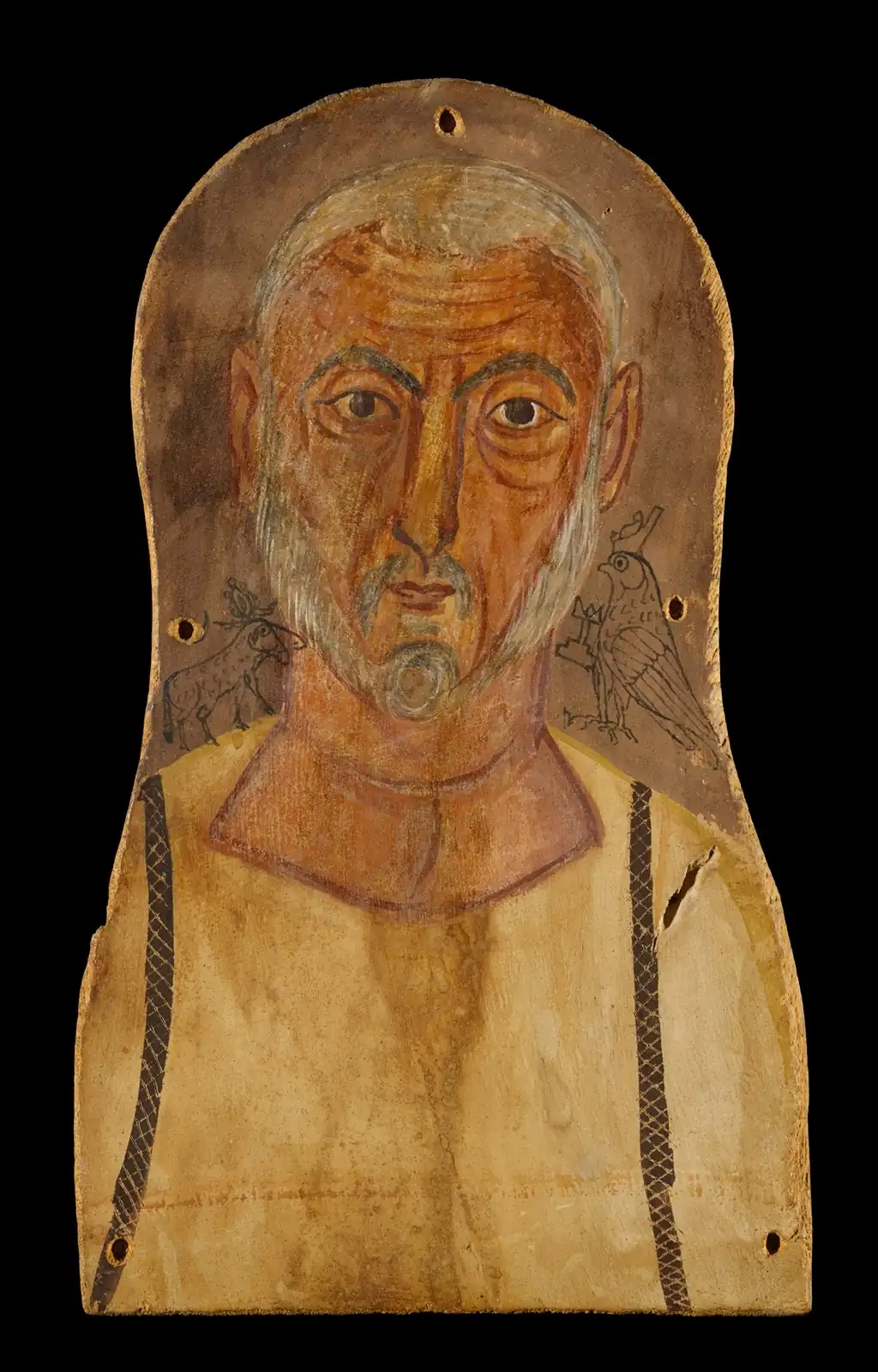 Old man with white hair and beard and ruddy skin in a cream tunic with dark stripes, a ram and falcon beside him