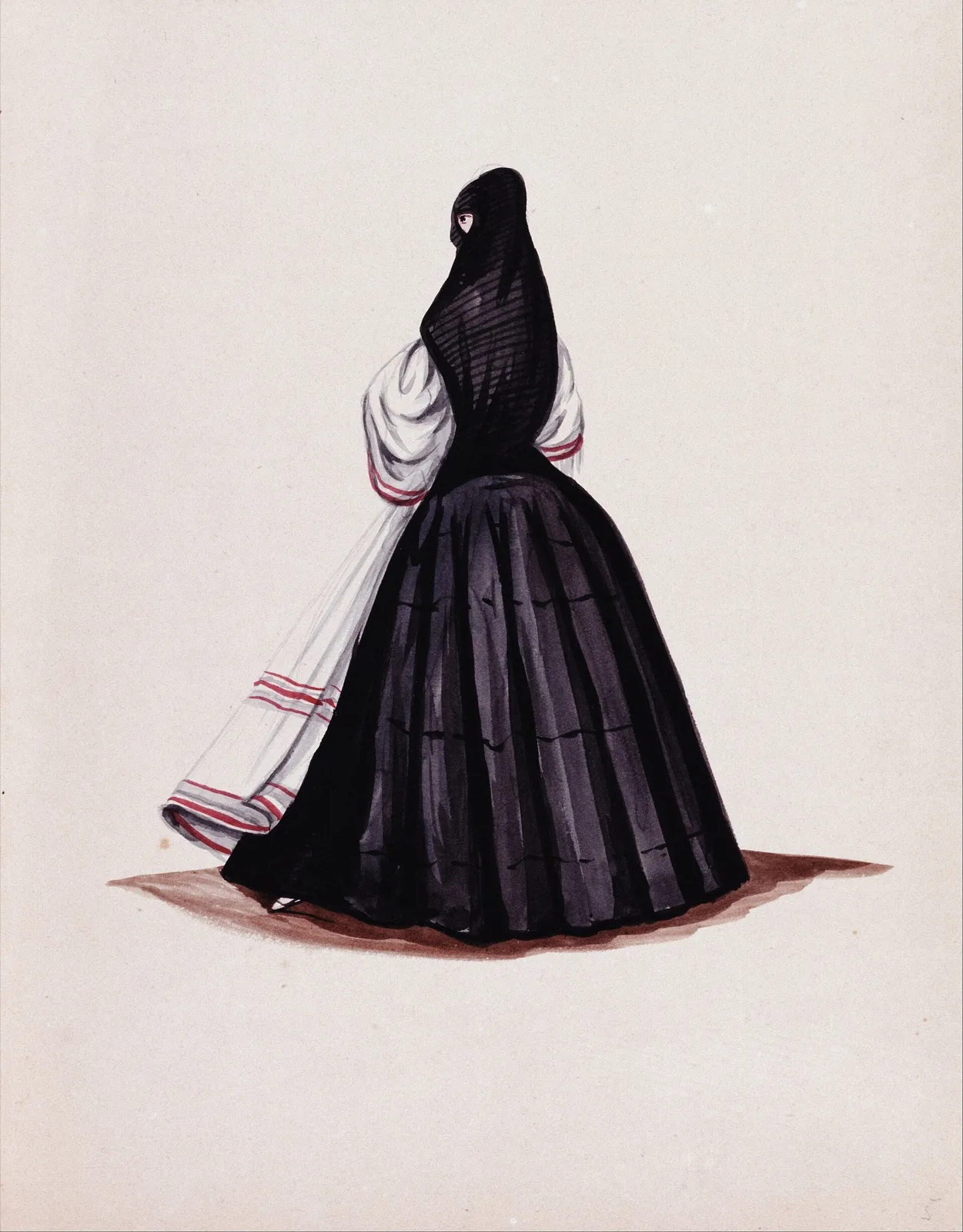 Woman seen from behind in a black mantle showing one eye, a full black skirt and a white shawl with red stripes