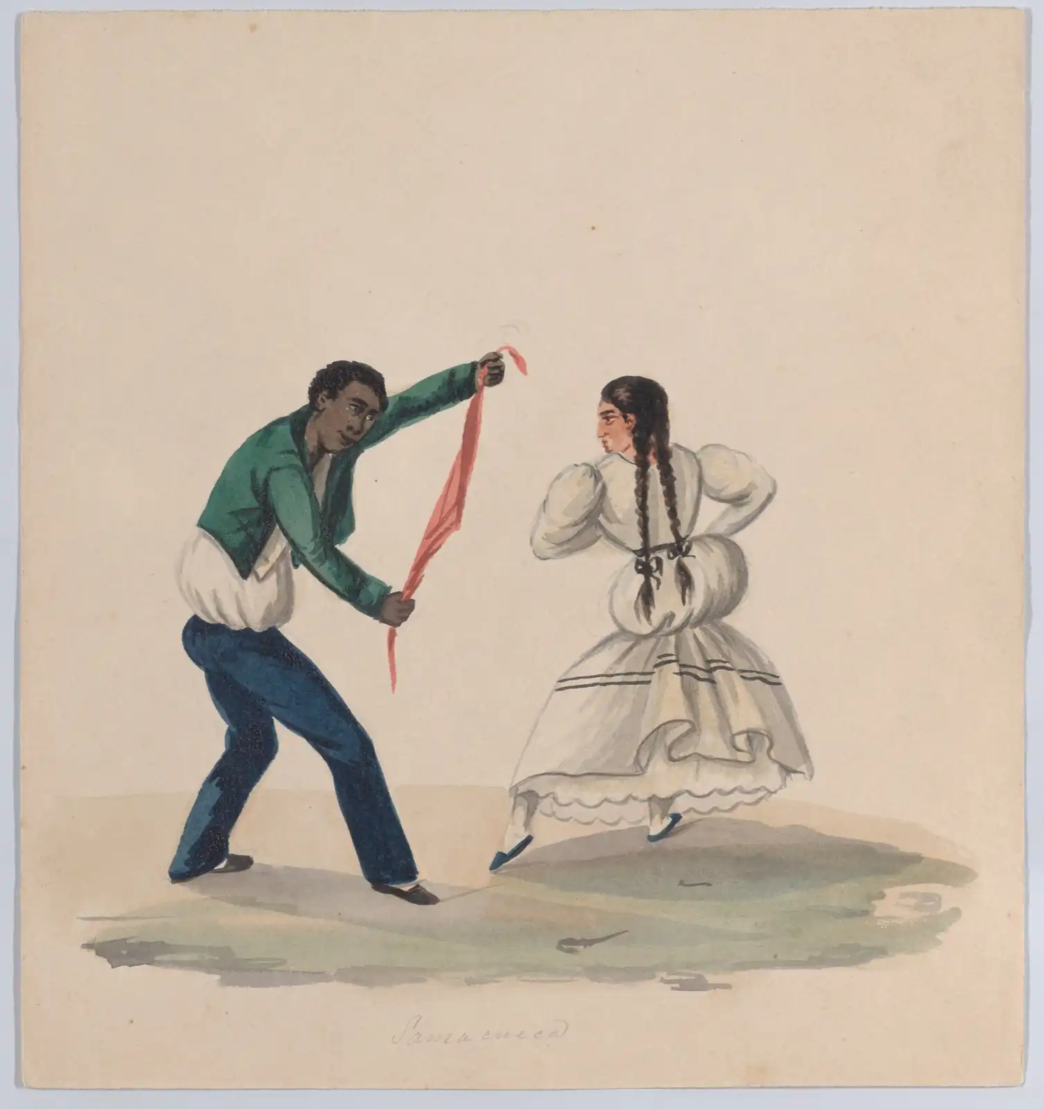 Man in a green jacket swinging a red handkerchief toward a woman in a white dress and braids, hands on her hips