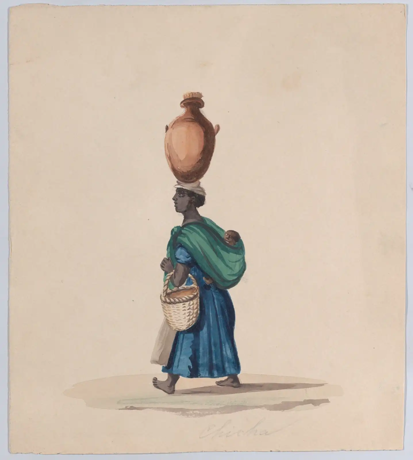 Barefoot woman in profile with a large clay jar balanced on her head, a baby on her back and a basket on her arm
