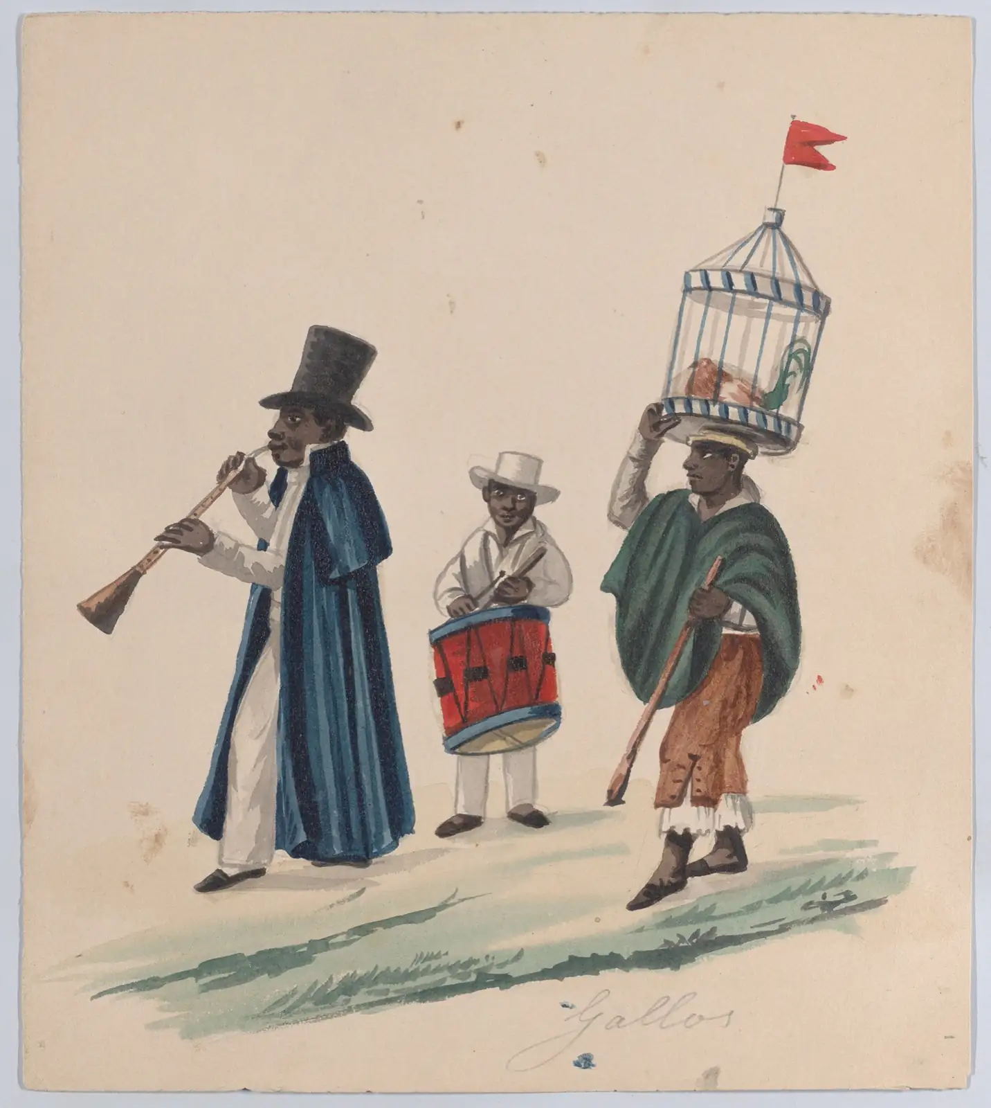 Three men walk to the left: one plays a long wind instrument, one a red drum, one carries a caged rooster on his head
