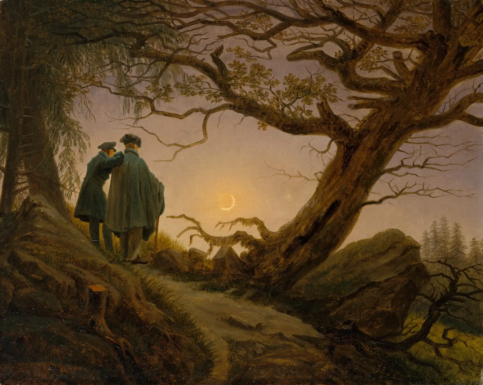Two men seen from behind, one resting a hand on the other’s shoulder, gaze at a crescent moon beside a twisted oak