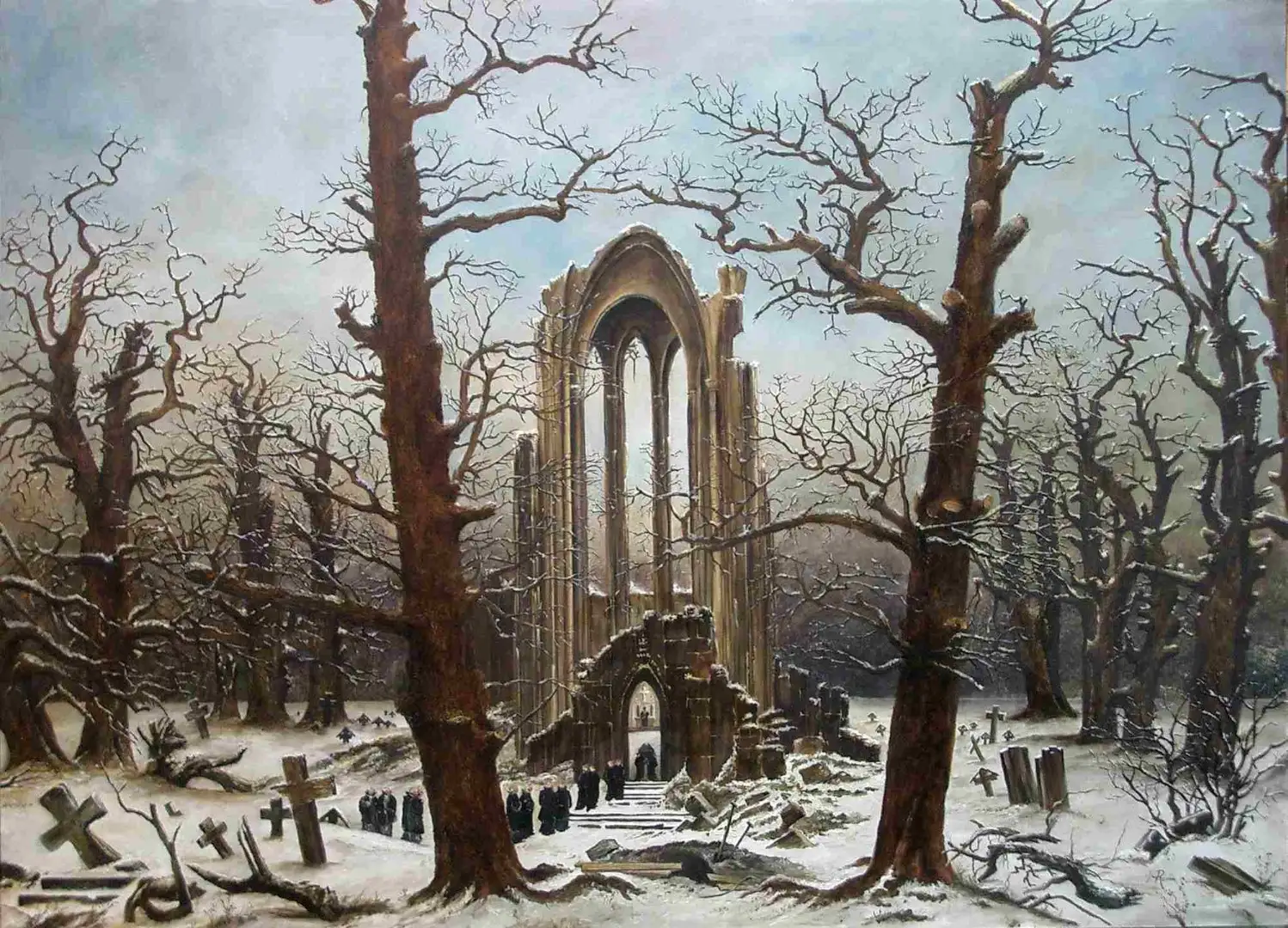 Ruined Gothic church among bare oaks and snowy crosses, with a line of monks in black walking toward it