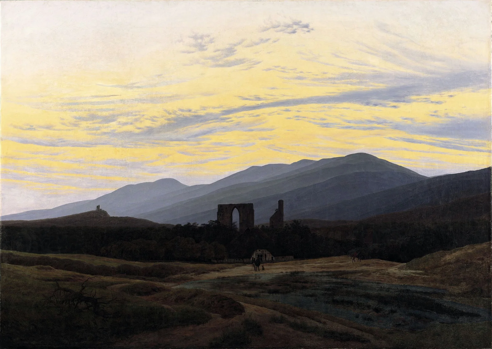 Ruined stone arch among dark trees below bluish mountains, under a yellow sky streaked with gray