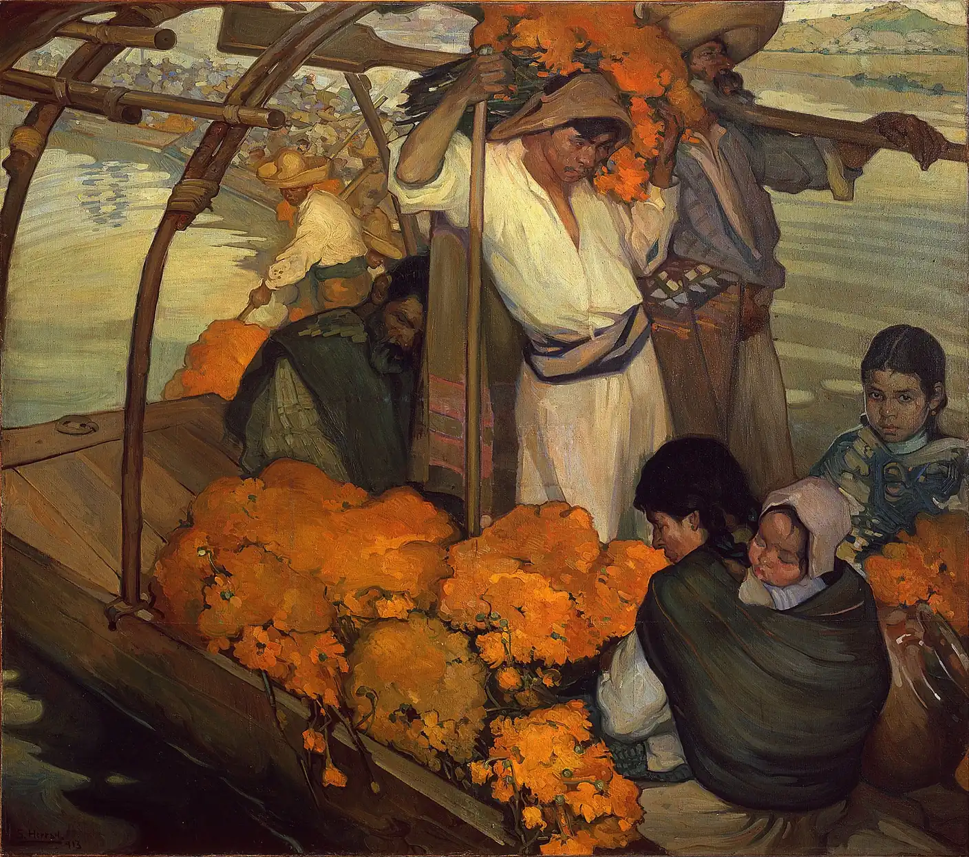 Canoe heaped with orange marigolds, carrying a young man in white, an old man with a pole and a mother with her baby