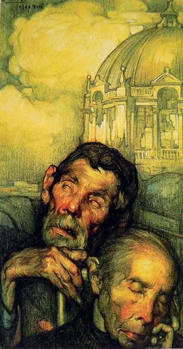 Dos ancianos ciegos, uno con la cabeza alzada y las manos sobre un bastón, ante la gran cúpula de una iglesia