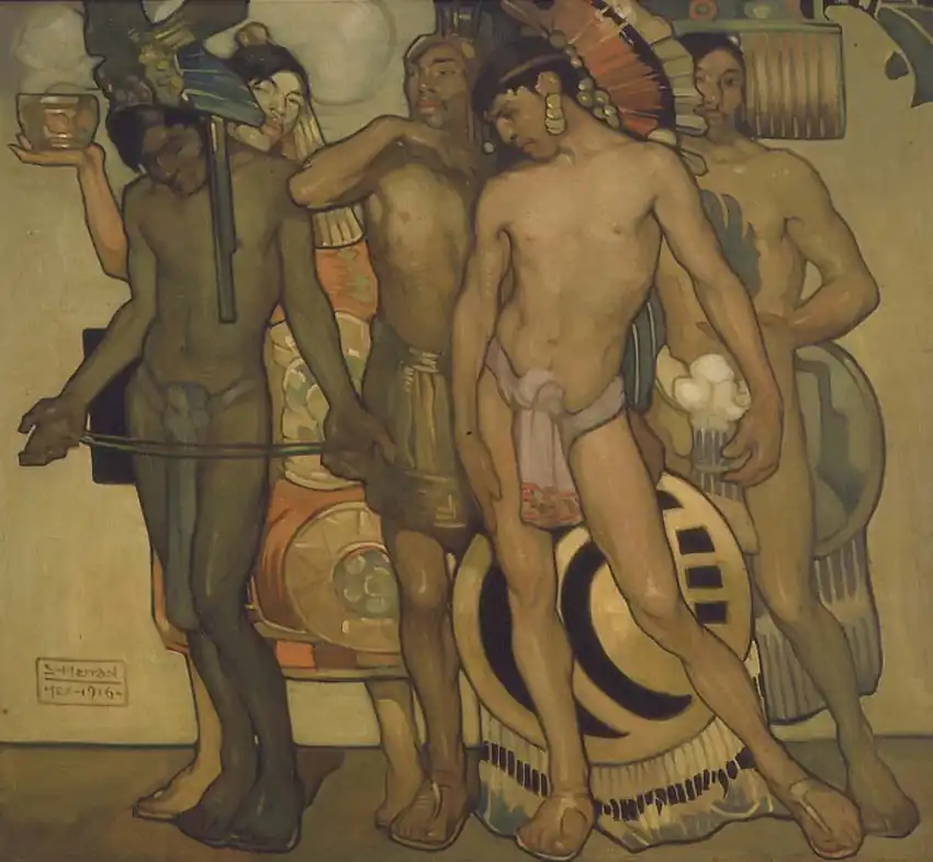 Grupo de hombres de piel morena con taparrabos y tocados de plumas, de pie ante escudos redondos, sobre un fondo ocre