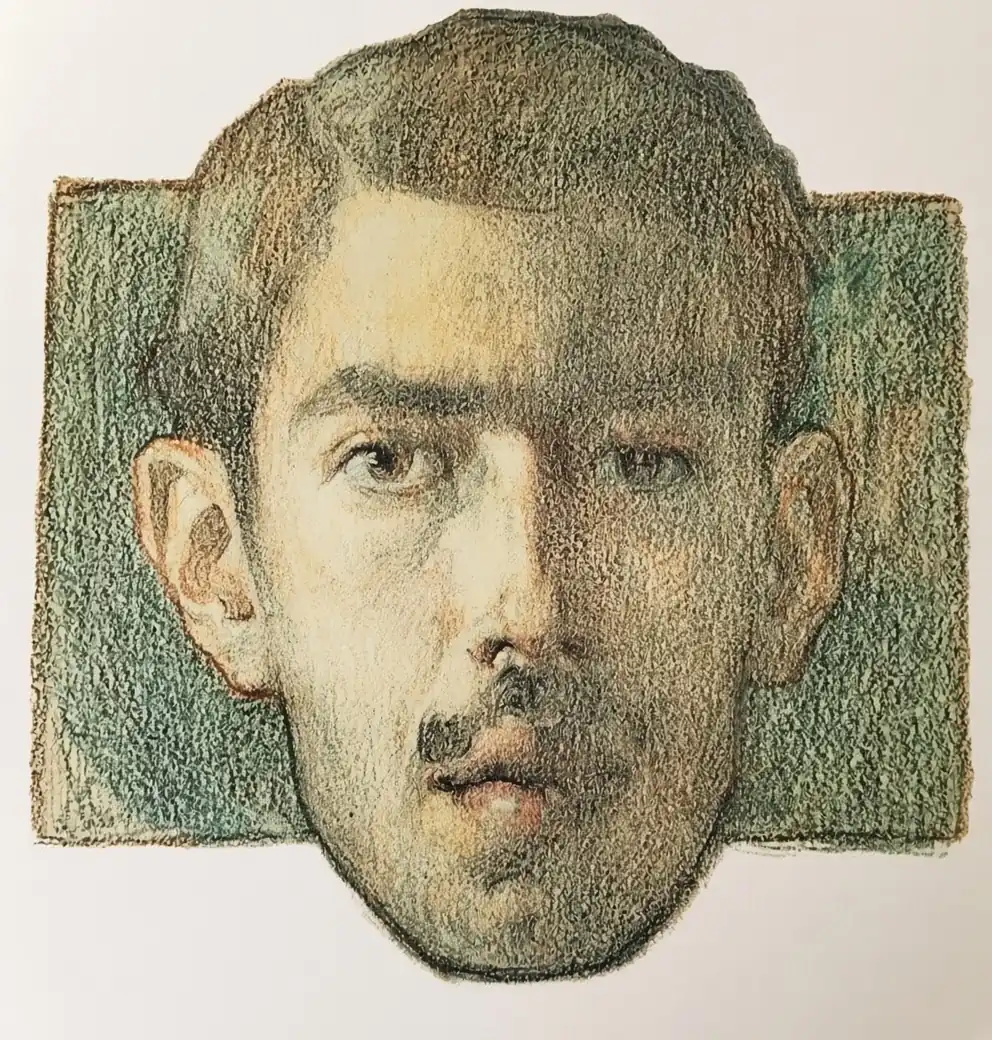 Frontal face of a young man with short hair, large ears and a mustache, set against a green hatched rectangle