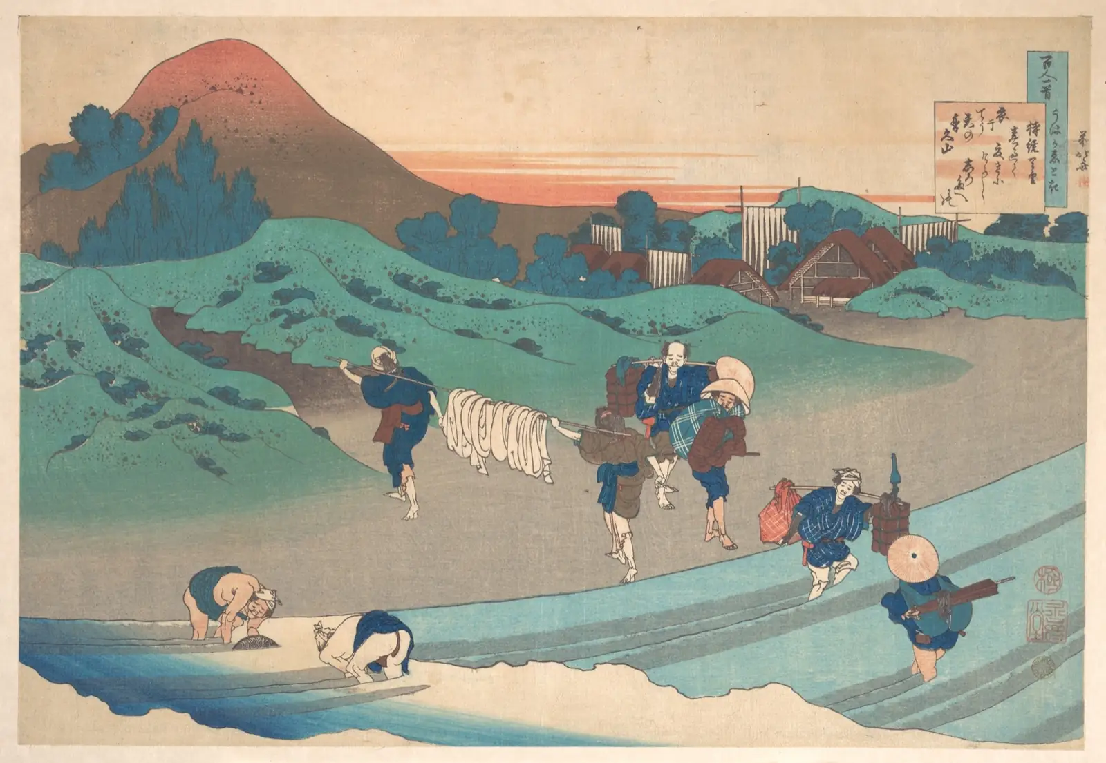 Village among green hills with white cloth hung to dry, people carrying loads by a stream, a red-topped hill