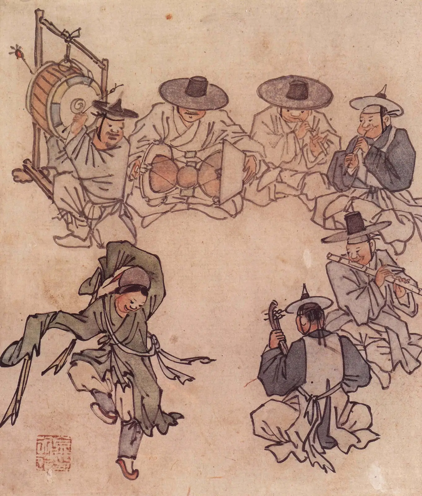 Niño de túnica verde baila agitando las mangas frente a seis músicos sentados con tambores, flautas y cuerdas