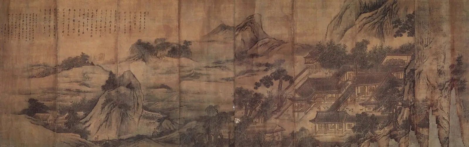 Hills and mountains across eight panels, with a large compound of tiled-roof buildings among cliffs at right