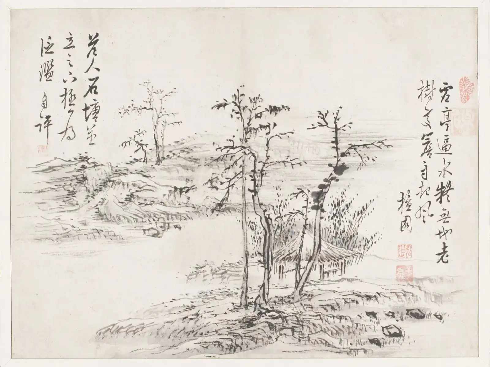 Slender trees and a thatched hut among reeds beside still water, with inscriptions on either side