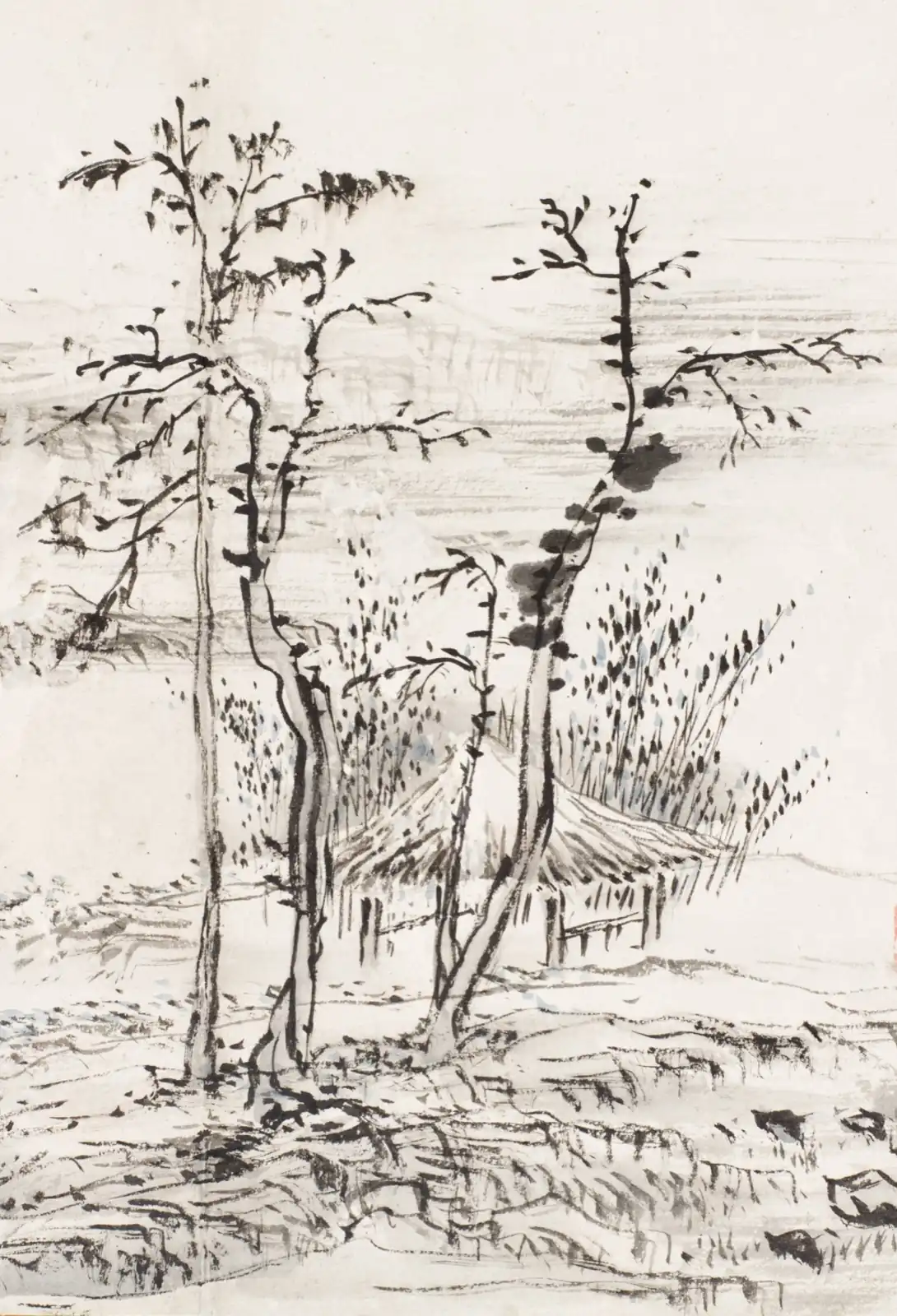 Three tall, slender trees before a thatched hut surrounded by reeds, beside calm water
