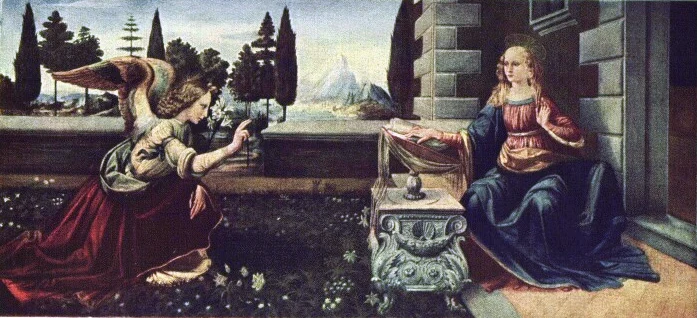 Angel kneeling in a flowery meadow before Mary, seated by a lectern beside a house, with trees and water beyond